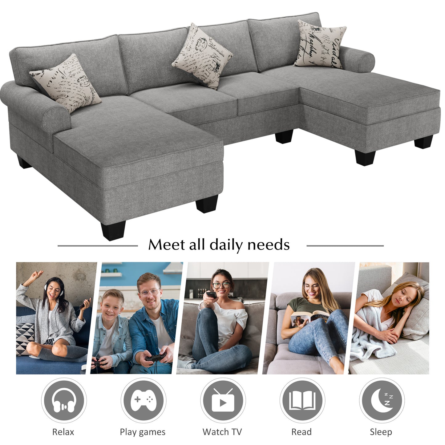 Family-Friendly 3pc U Shaped Sectional with 2 Storage Chaises, Rolled Arm with 3 Throw Pillows, Chenille, Grey