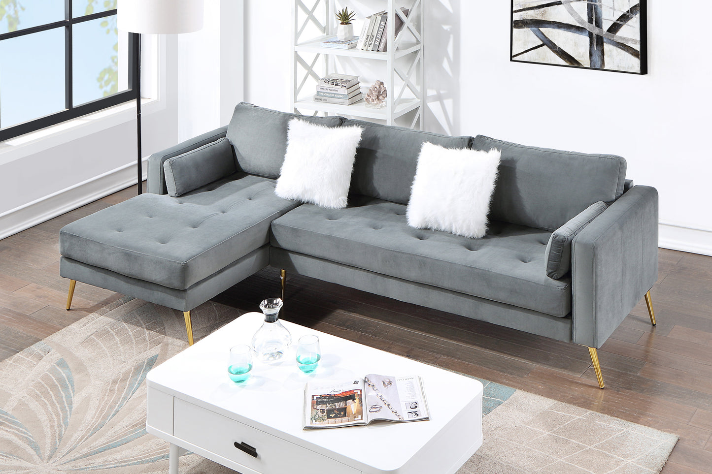 Sectional Sofa with Two Pillows, L-Shape Upholstered Couch with Modern Elegant Velvet for Living Room Apartment