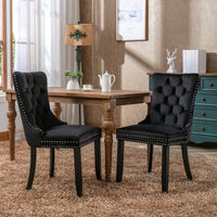 A&A Furniture, Nikki Collection Modern, High-end Tufted Solid Wood Contemporary Velvet Upholstered Dining Chair with Wood Legs Nailhead Trim 2-Pcs Set, Black