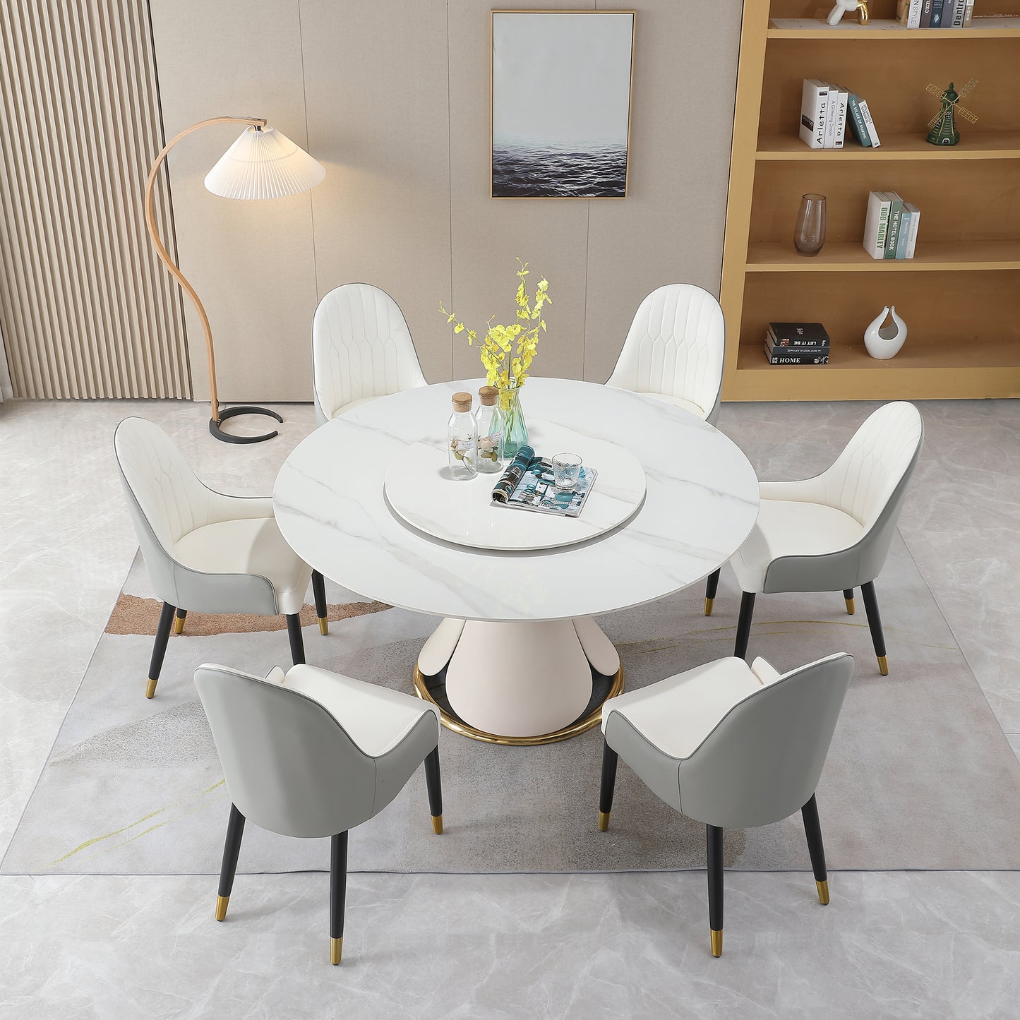 59.05"Modern Sintered stone dining table with 31.5" round turntable  with 6 pcs  Chairs .