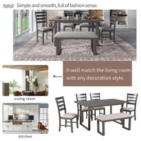 6-Pieces Family Furniture, Solid Wood Dining Room Set with Rectangular Table & 4 Chairs with Bench (Gray)