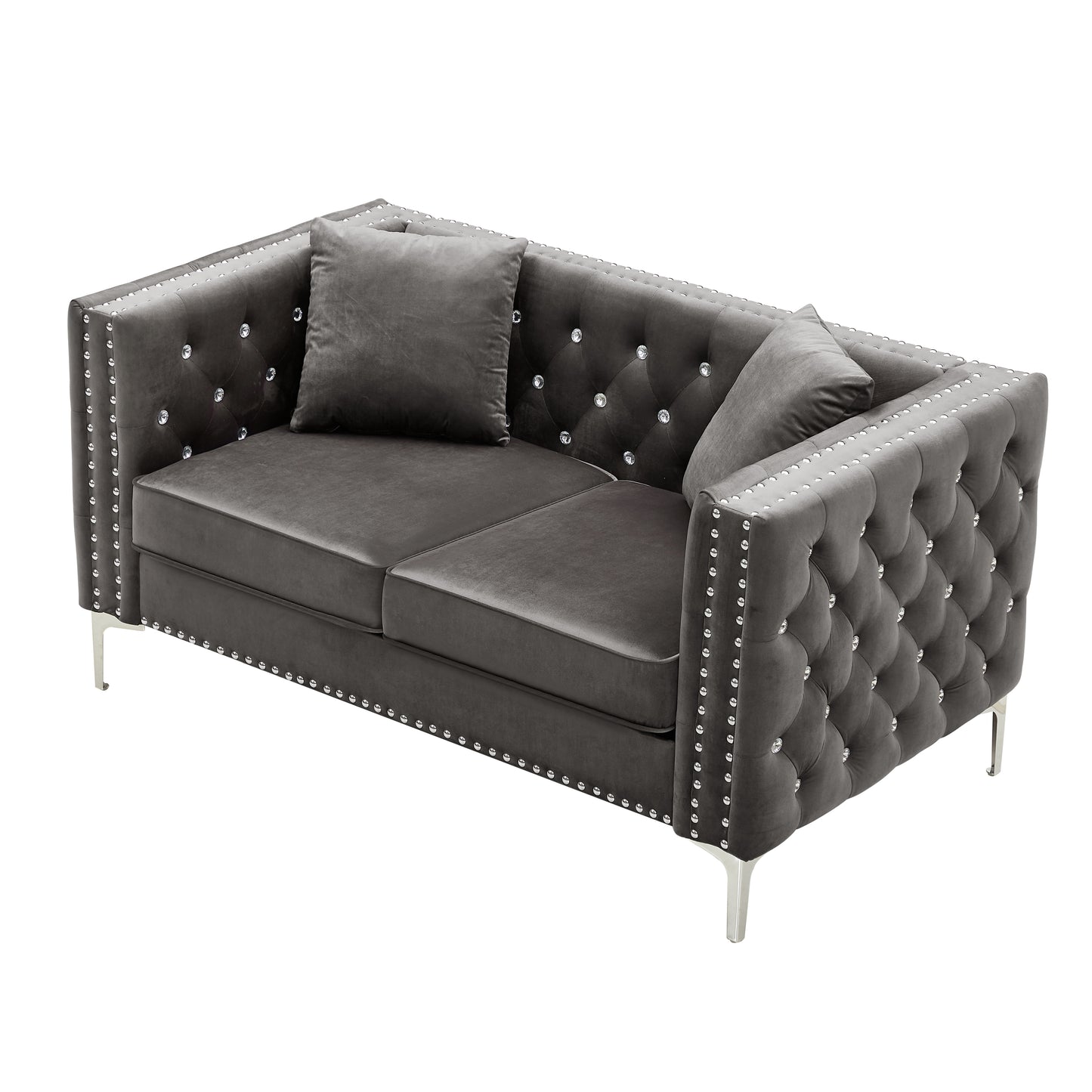 59.4 Inch Wide Grey Velvet Sofa with Jeweled Buttons, Square Arm , 2 Pillow