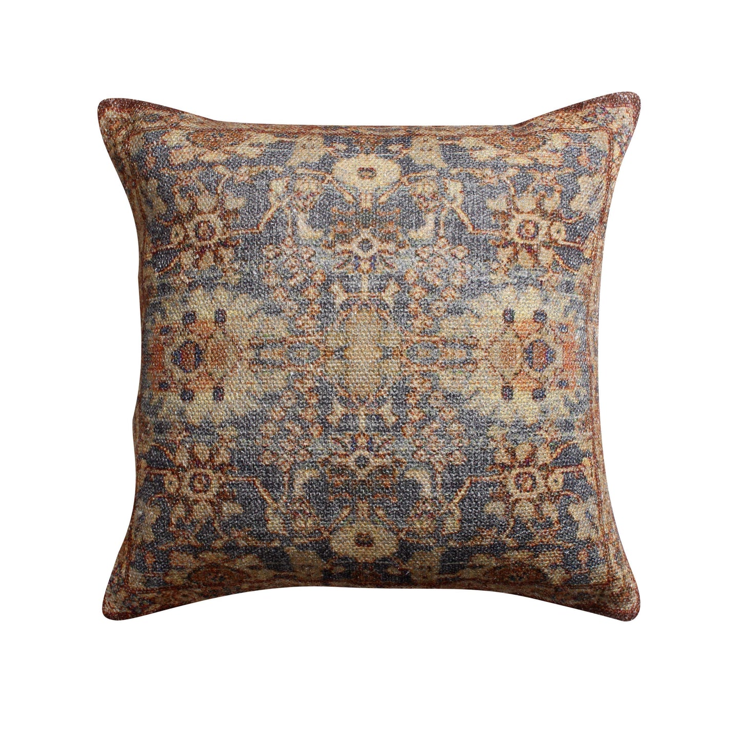 Gib 18 x 18 Handcrafted Square Cotton Accent Throw Pillow, Ornate Vintage Floral Pattern, Blue, Brown