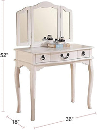 Bedroom Vanity Set w Foldable Mirror Stool Drawers White Color Vintage Classic Furniture MDF Rubber wood