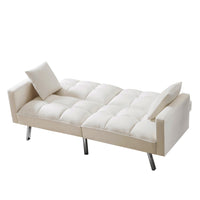 Futon Sofa Sleeper Beige Velvet with 2 Pillows