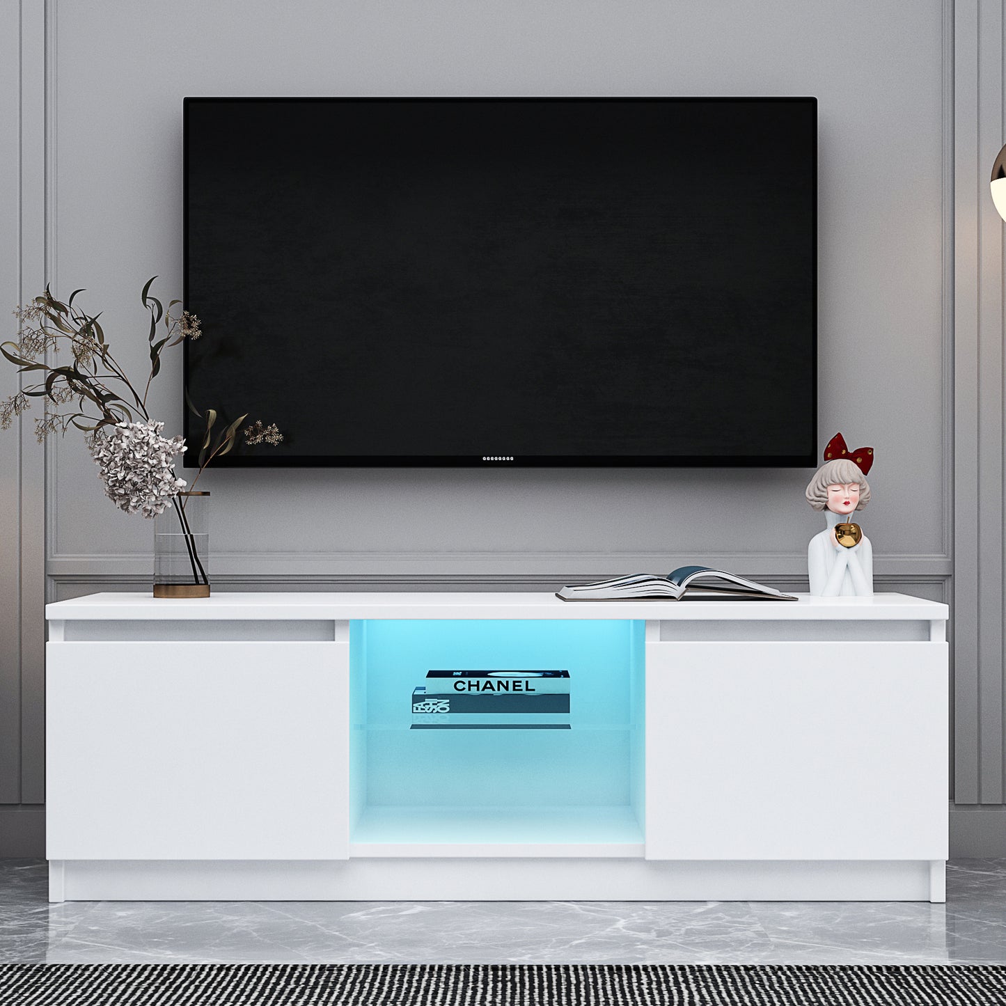 TV Cabinet Wholesale, White TV Stand with Lights, Modern LED TV Cabinet with Storage Drawers, Living Room Entertainment Center Media Console Table