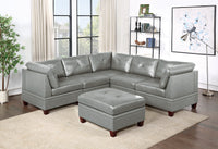 Genuine Leather Grey Color Tufted 6pc Modular Sectional Sofa Set 3x Corner Wedge 2x Armless Chair 1x Ottoman Living Room Furniture Sofa Couch