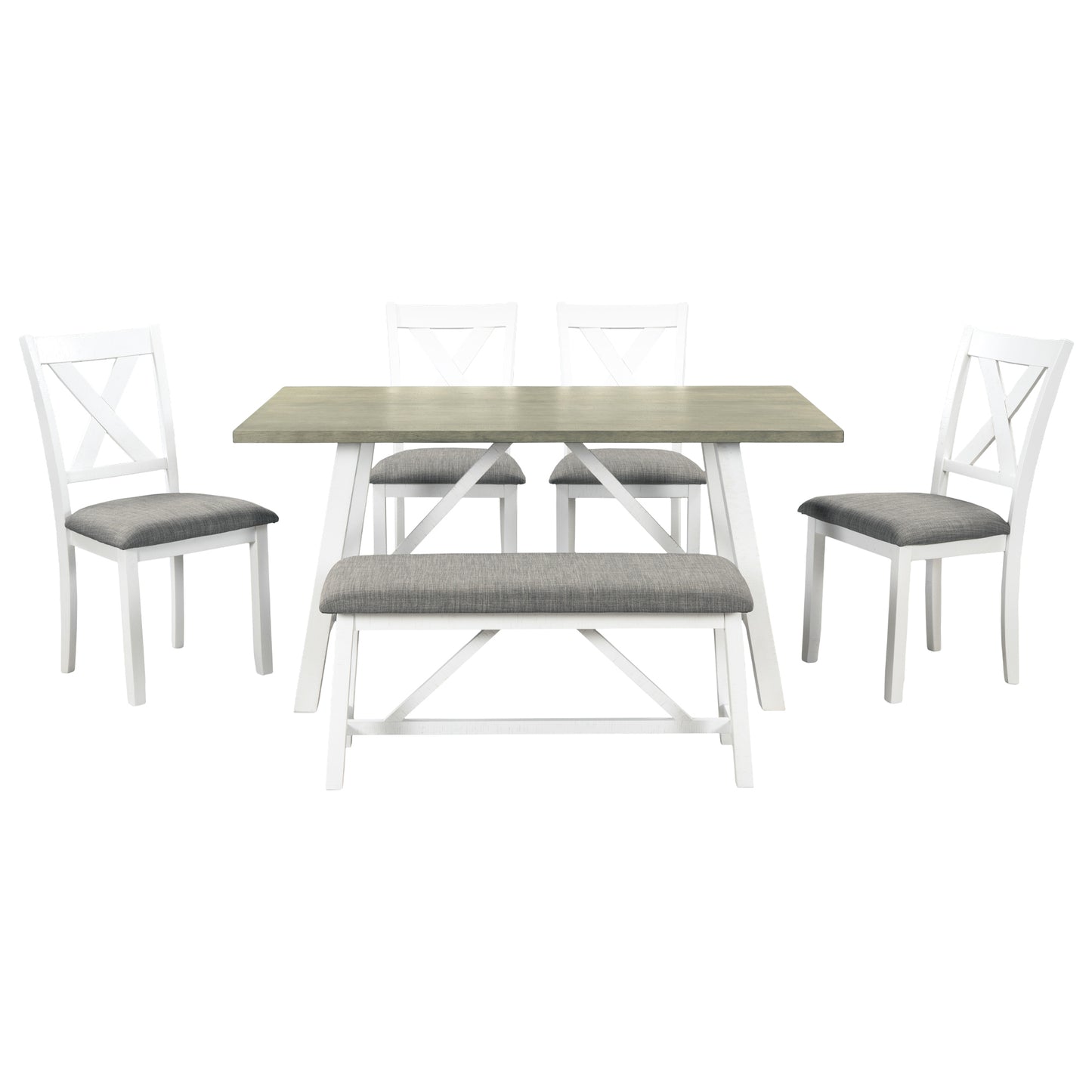 6 Piece Dining Table Set Wood Dining Table and chair Kitchen Table Set with Table, Bench and 4 Chairs, Rustic Style, White+Gray