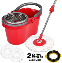 Spin Mop and Bucket with Wringer Set - for Home Kitchen Floor Cleaning - Wet/Dry Usage on Hardwood & Tile - Upgraded Self-Balanced Easy Press System with 2 Washable Microfiber Mops Heads