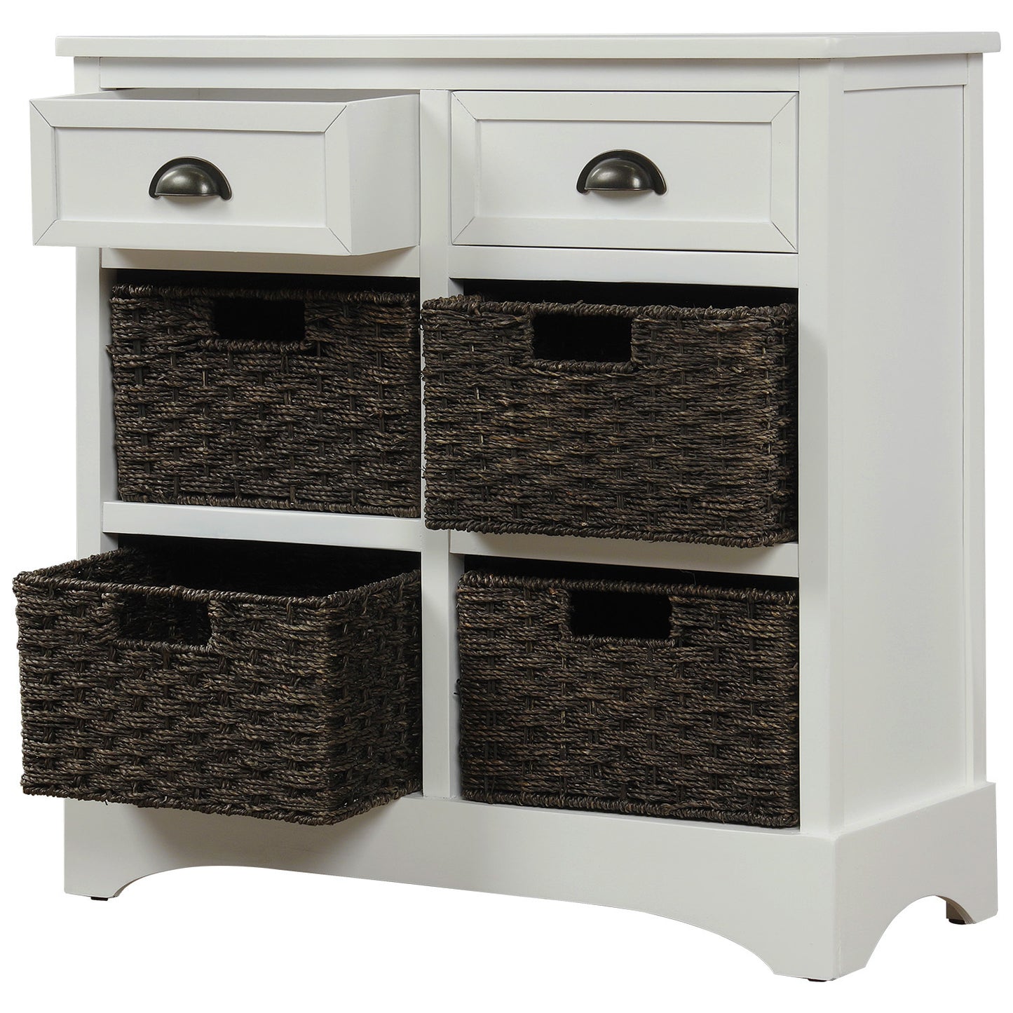 Rustic Storage Cabinet with Two Drawers and Four Classic Rattan Basket for Dining Room/Living Room (White)