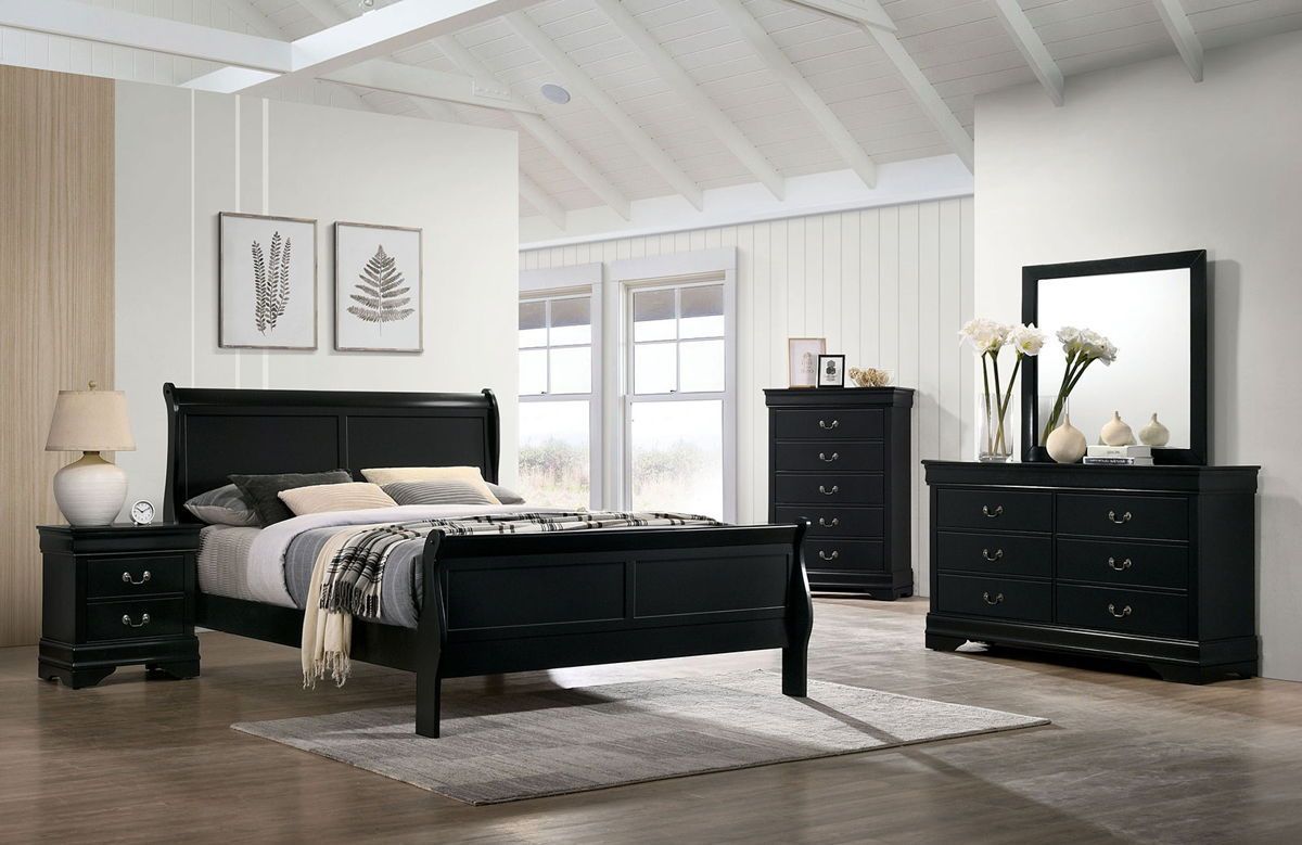 Eastern King Size Bed Black Louis Phillipe Solidwood 1pc Bed Bedroom Sleigh Bed