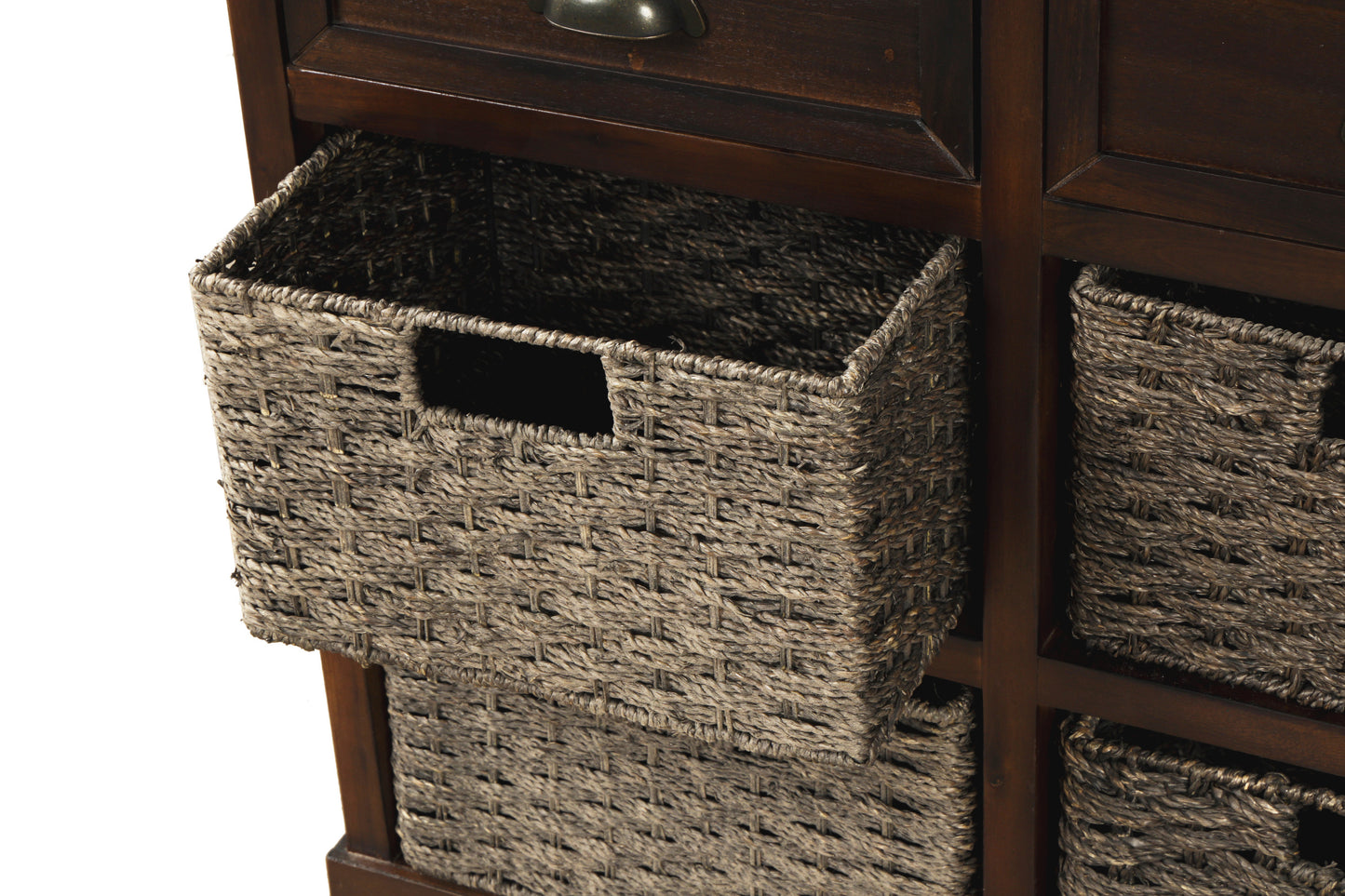 Rustic Storage Cabinet with Two Drawers and Four Classic Rattan Basket for Dining Room/Living Room (Espresso)