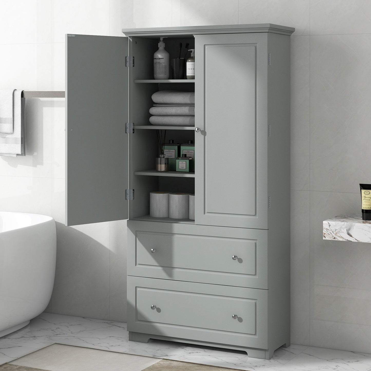 Wide Bathroom Storage Cabinet, Freestanding Storage Cabinet with Two Drawers and Adjustable Shelf, MDF Board with Painted Finish, Grey