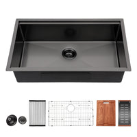 Gunmetal Black Workstation Kitchen Sink - 33"x 19"x 10" Single Bowl Workstation Undermount Kitchen Sink 16 Gauge Stainless Steel