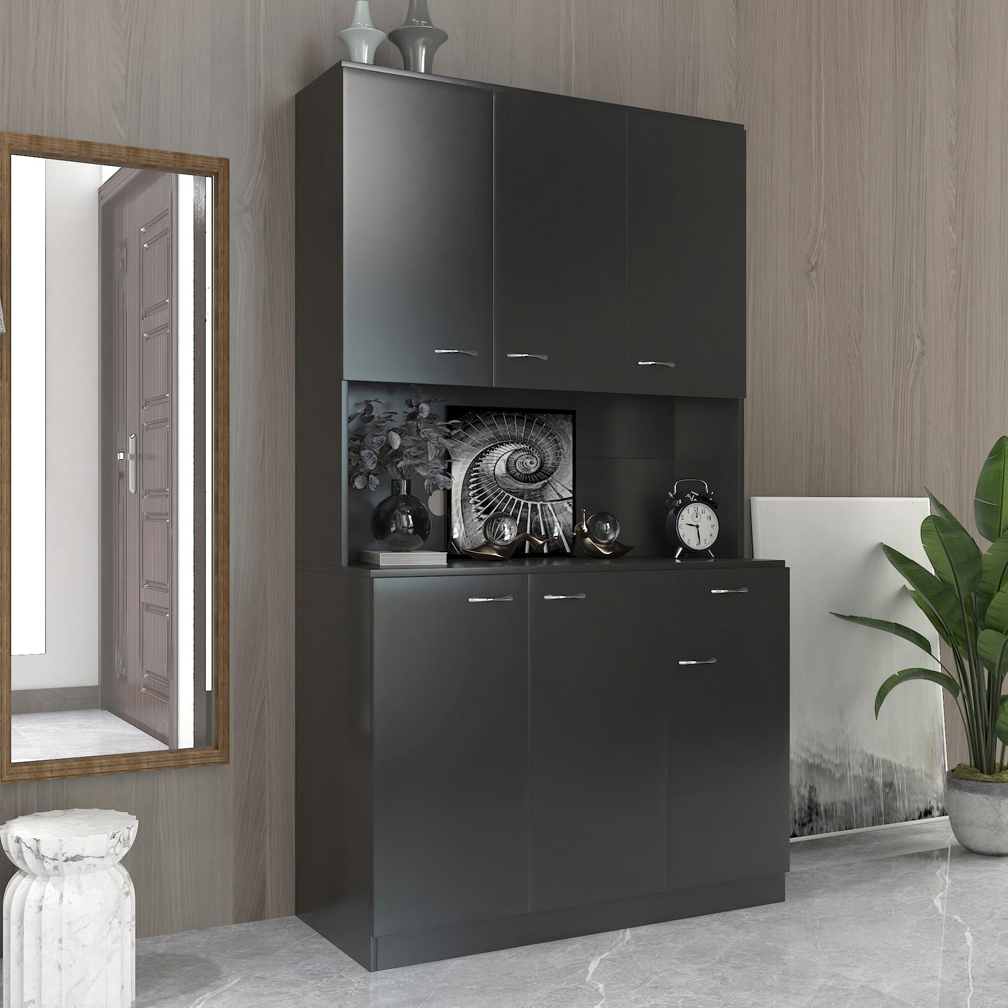 70.87" Tall Wardrobe & Kitchen Cabinet, with 6-Doors, 1-Open Shelves and 1-Drawer for Bedroom, Black