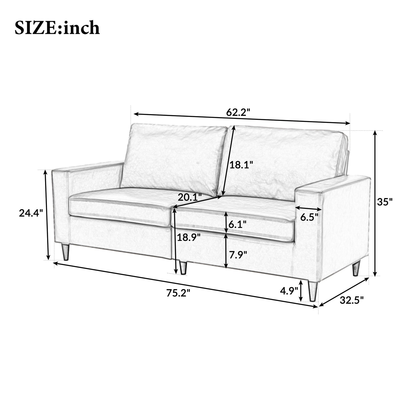 Modern Style  3 Seat Sofa  PU Leather Upholstered Couch Furniture for Home or Office (3-Seat Sofa)