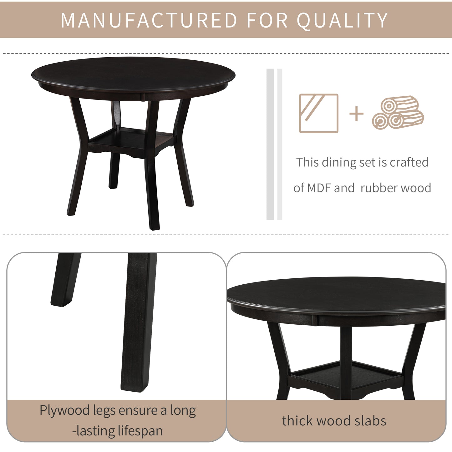 5-Piece Kitchen Dining Table Set Round Table with Bottom Shelf, 4 Upholstered Chairs for Dining Room (Espresso）