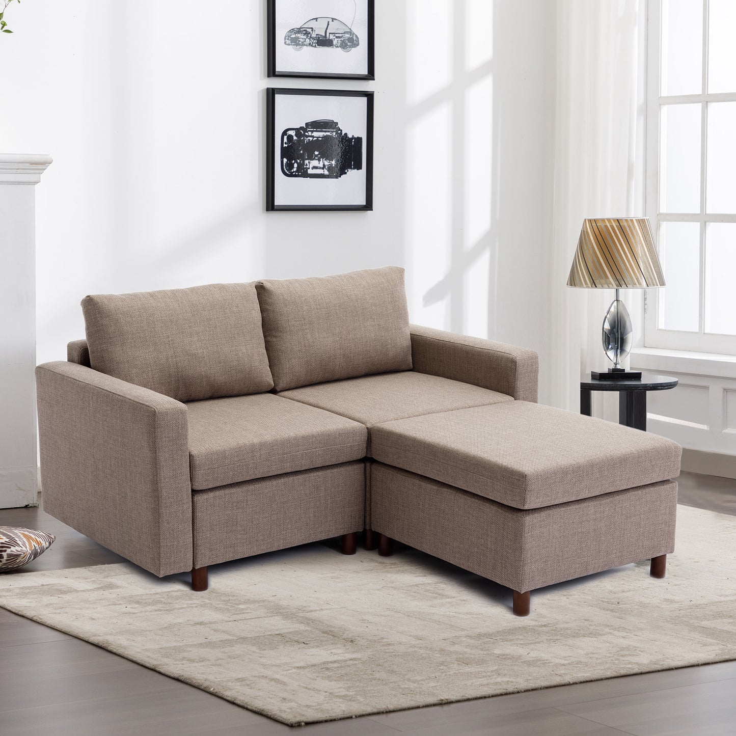 2 Seat Module Sectional Sofa Couch With 1 Ottoman for living room,Seat Cushion and Back Cushion Non-Removable and Non-Washable,Brown