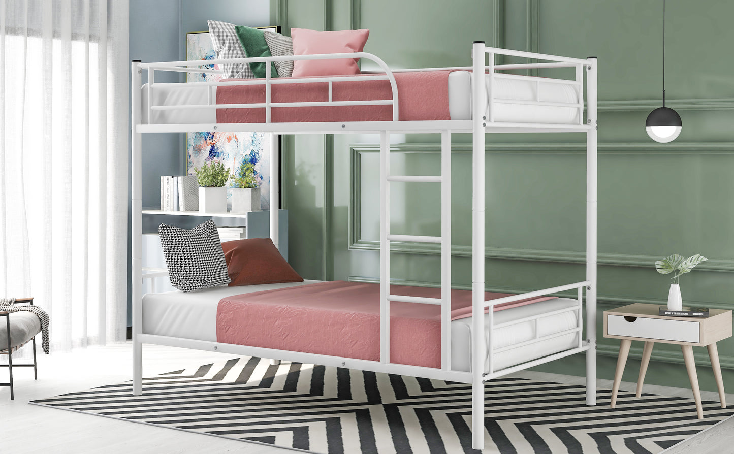 Twin Over Twin Metal Bunk Bed (White)