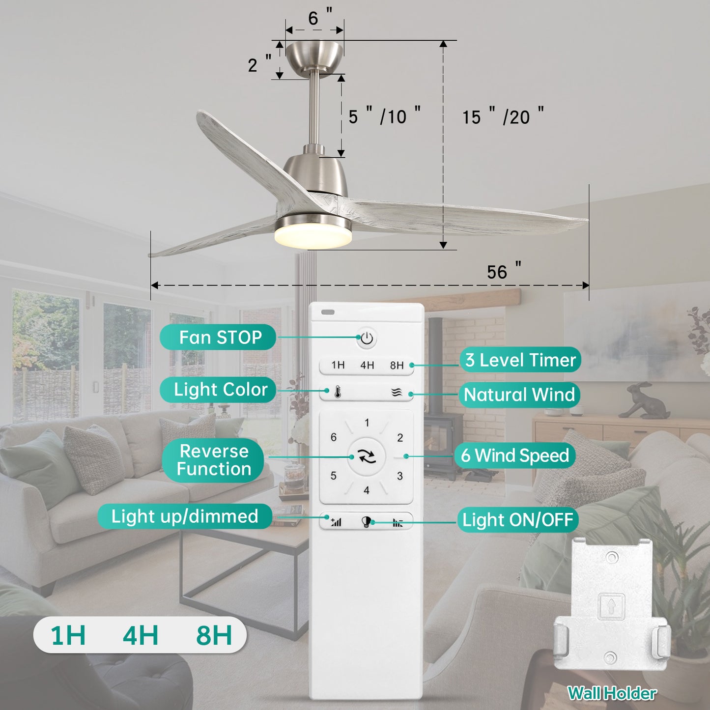 56 Inch Ceiling Fan Light With 6 Speed Remote Energy-saving DC Motor Brushed Nickel