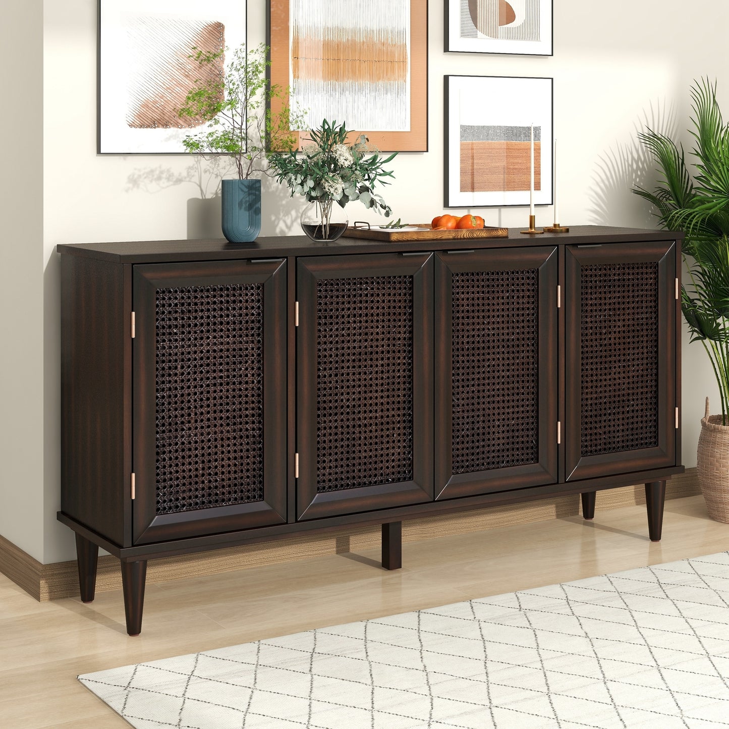 Large Storage Space Sideboard with Artificial Rattan Door and Unobtrusive Doorknob for Living Room and Entryway (Espresso)