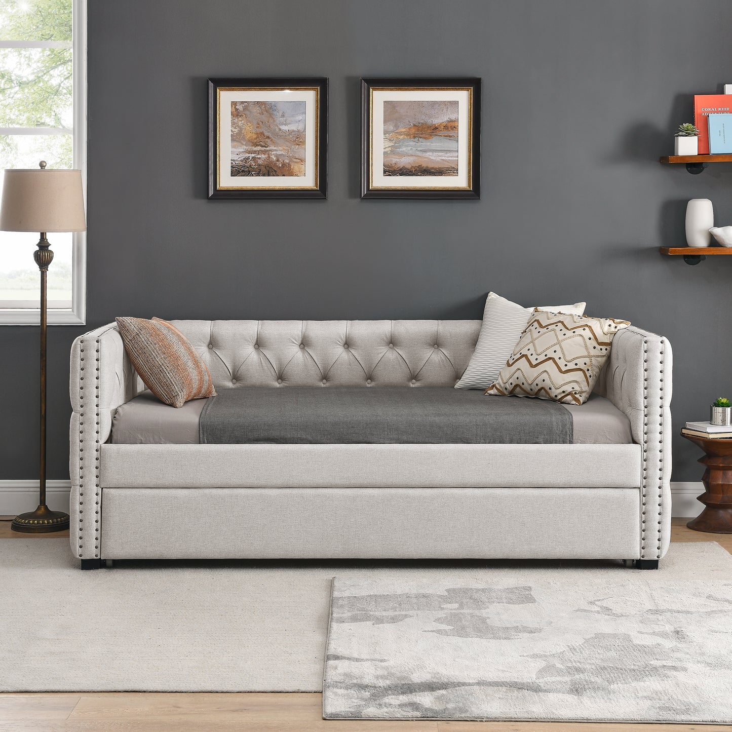 Daybed with Trundle Upholstered Tufted Sofa Bed with Button and Copper Nail on Square Arms, Twin Size, Beige（86“x42.5”x33.5“）