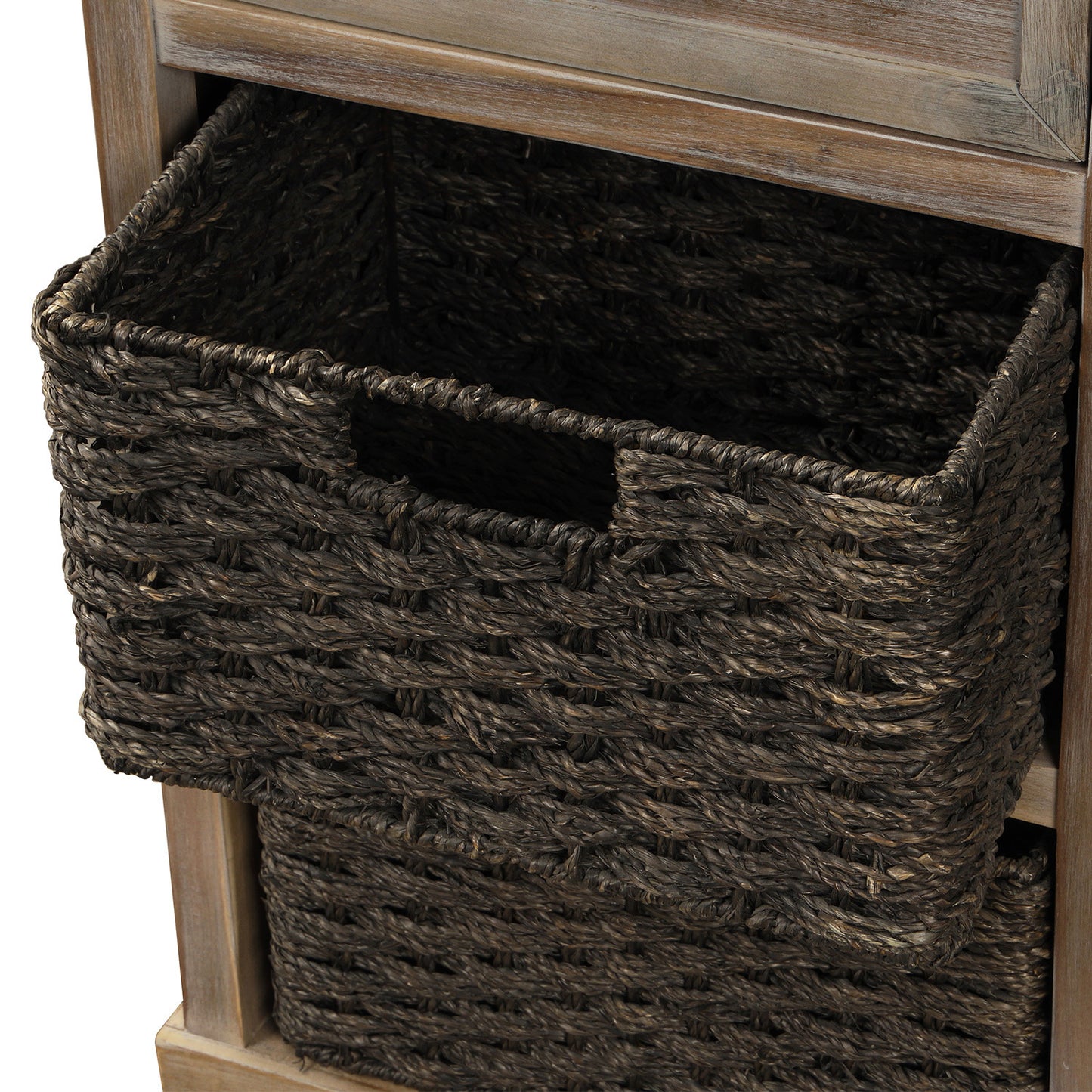 Rustic Storage Cabinet with Two Drawers and Four Classic Rattan Basket for Dining Room/Living Room (White Washed)