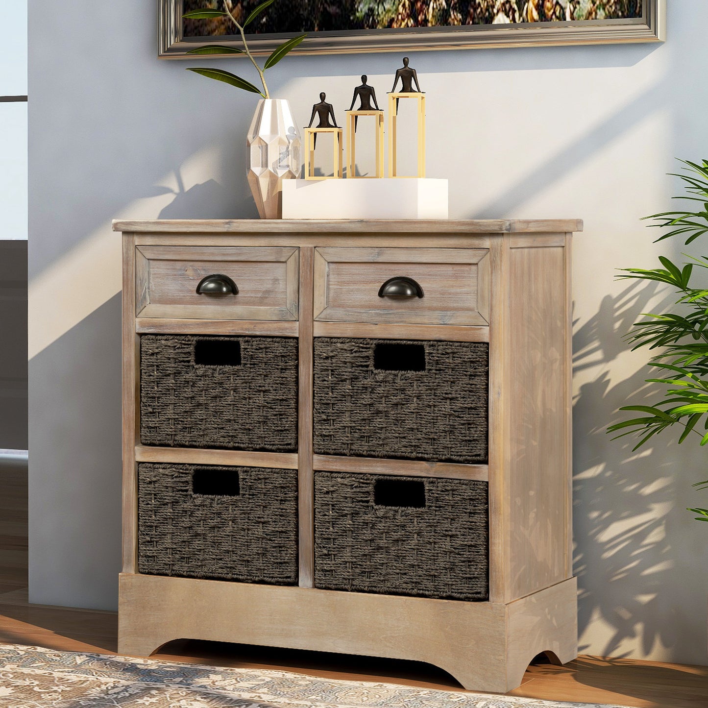 Rustic Storage Cabinet with Two Drawers and Four Classic Rattan Basket for Dining Room/Living Room (White Washed)