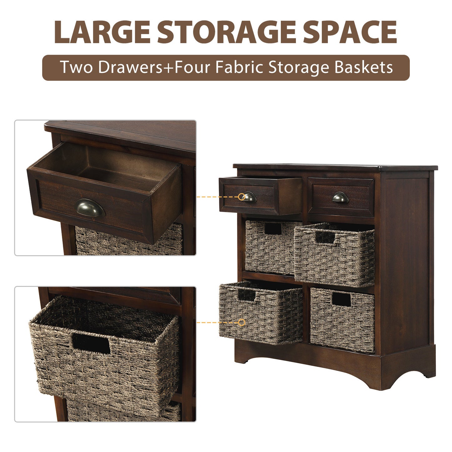 Rustic Storage Cabinet with Two Drawers and Four Classic Rattan Basket for Dining Room/Living Room (Espresso)