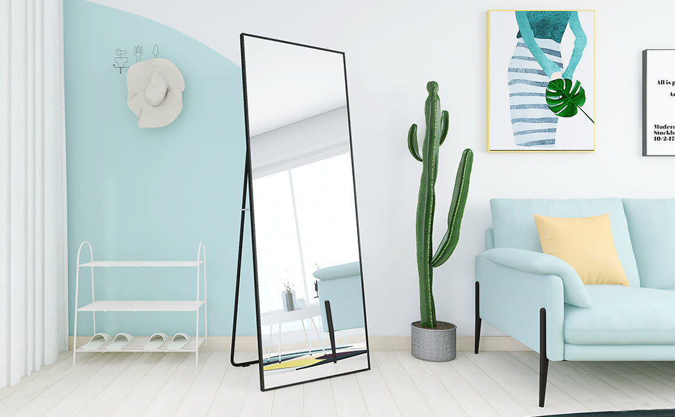 65" x 24" Full Length Mirror Hanging Standing or Leaning, Bedroom Mirror Floor Mirror Wall-Mounted Mirror with Alloy Frame, Black