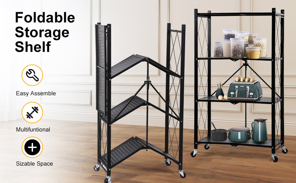 5-Tier Heavy Duty Foldable Metal Rack Storage Shelving Unit with Wheels Moving Easily Organizer Shelves Great for Garage Kitchen Holds up to 1250 lbs Capacity, Black