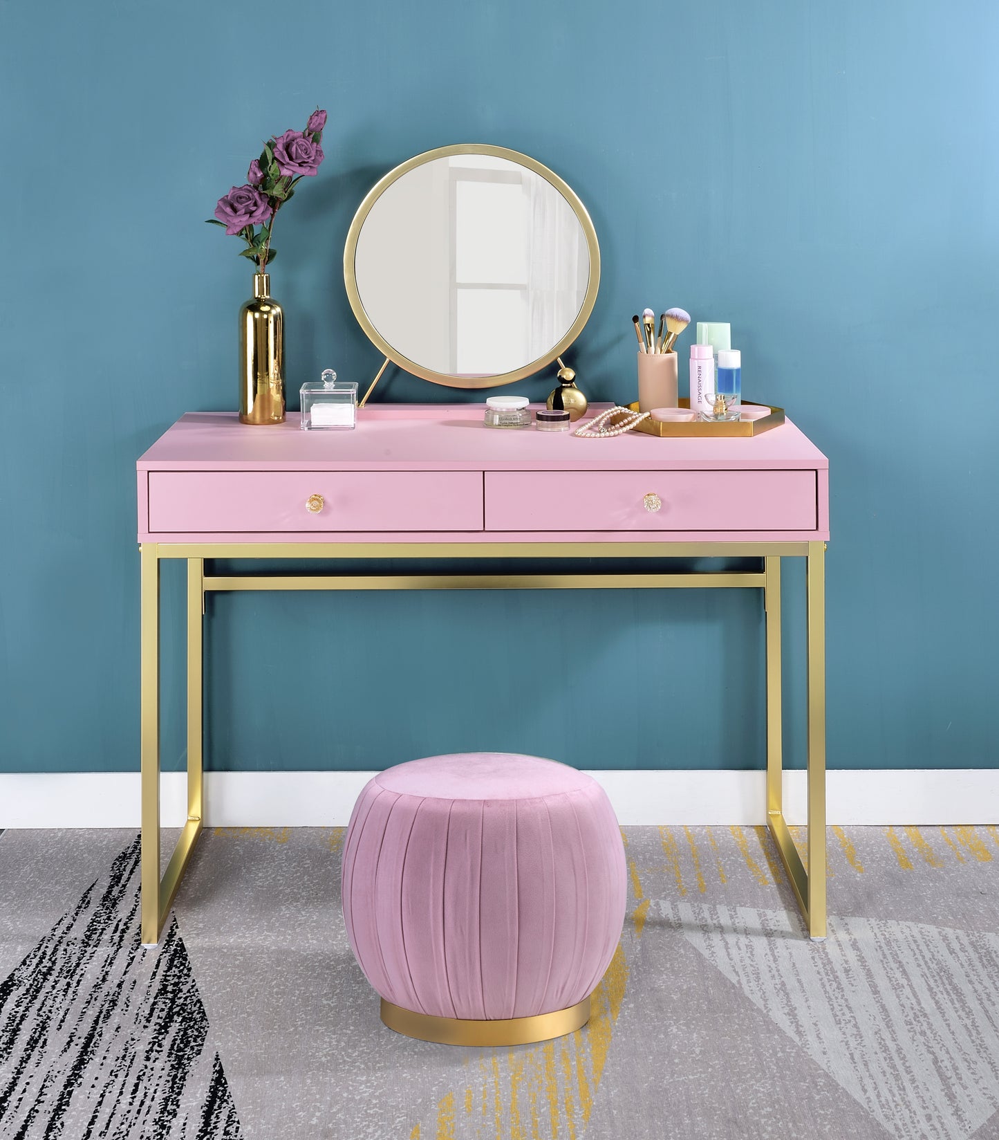 ACME Coleen Vanity Desk w/Mirror & Jewelry Tray in Pink & Gold Finish