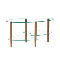 Transparent Oval Glass Coffee Table, Modern Table in Living Room Oak Wood Leg Tea Table 3-Layer Glass Table