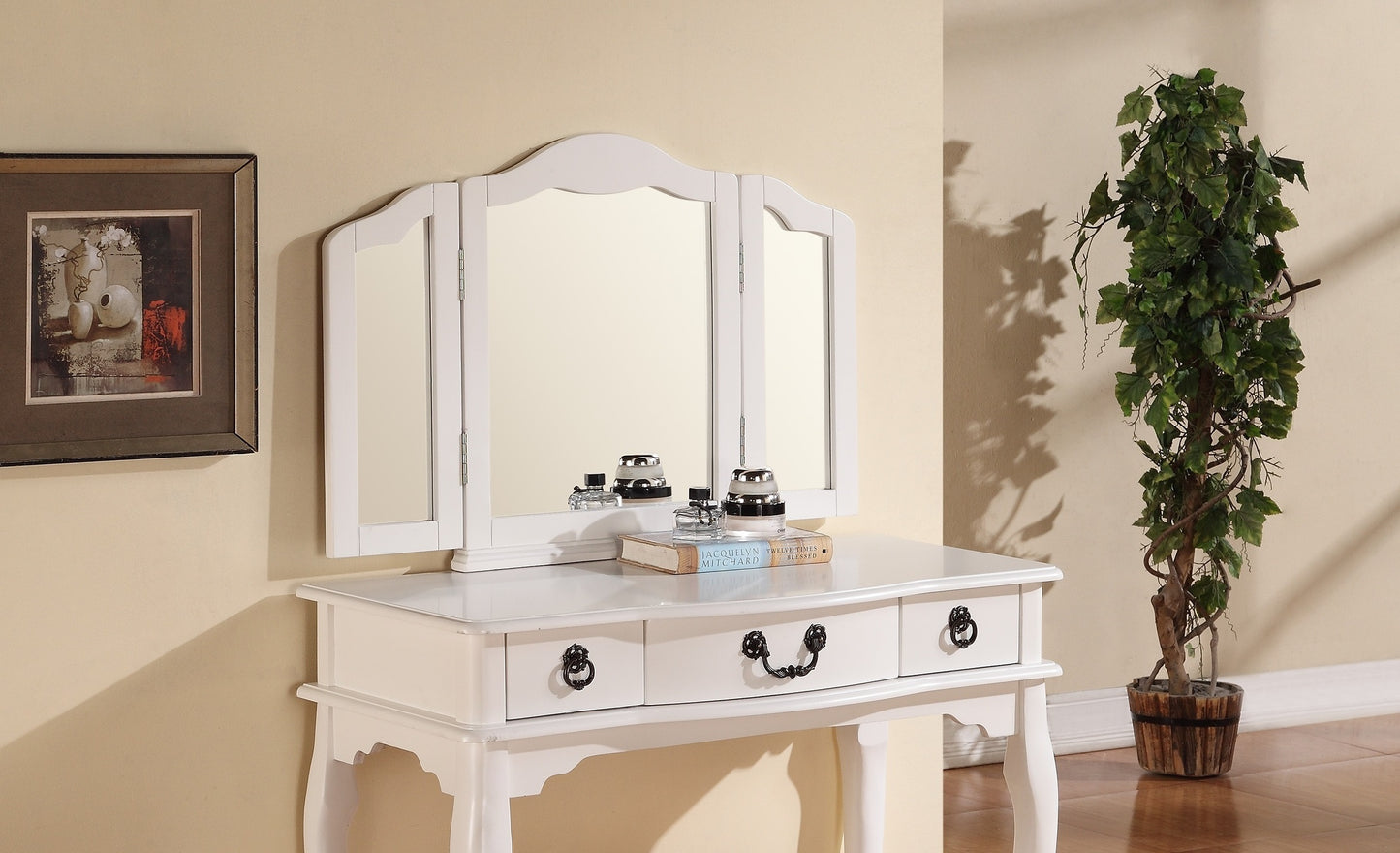 Bedroom Vanity Set w Foldable Mirror Stool Drawers White Color Vintage Classic Furniture MDF Rubber wood