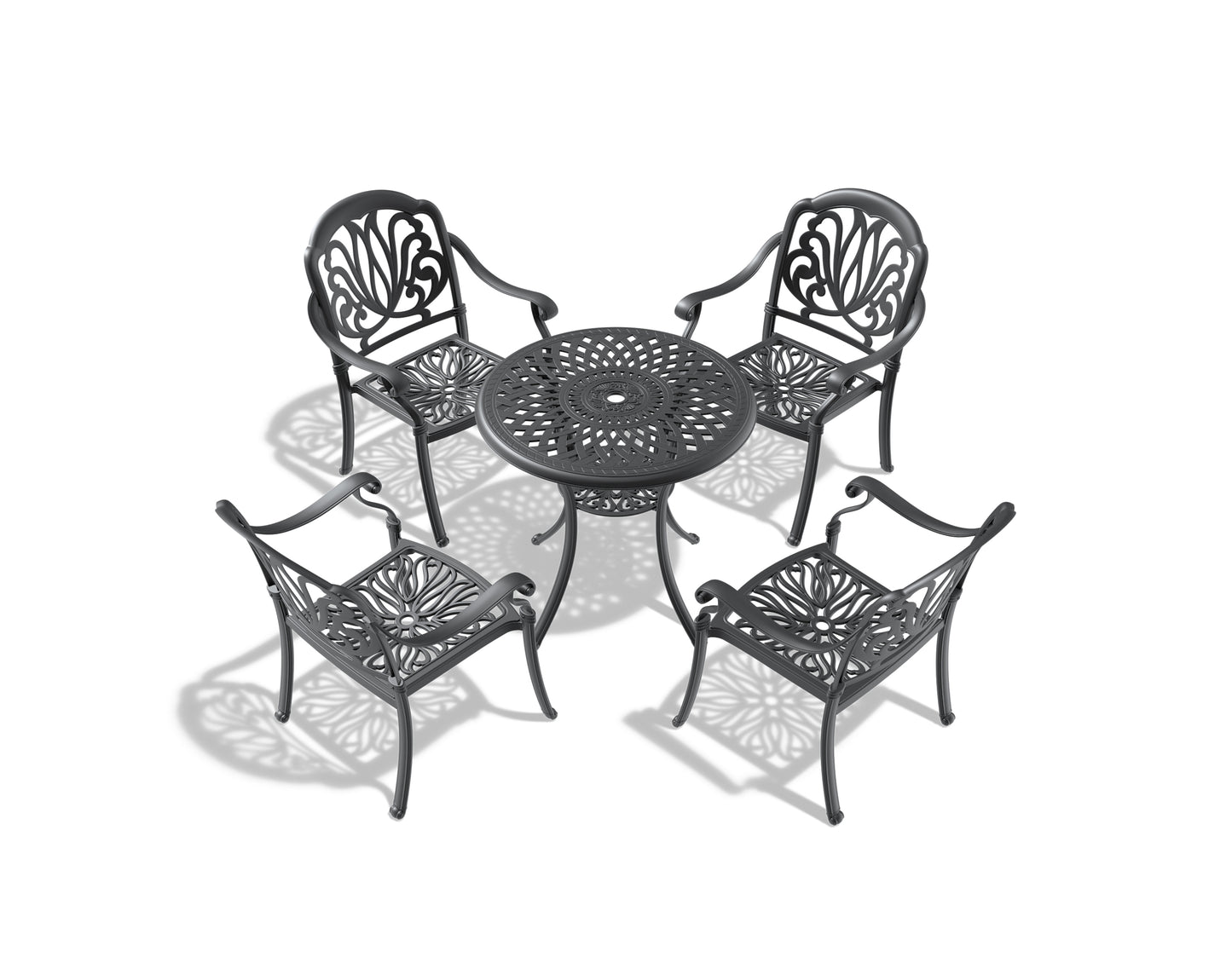 5-Piece Set Of Cast Aluminum Patio Furniture  With Black Frame and  Seat Cushions In Random Colors