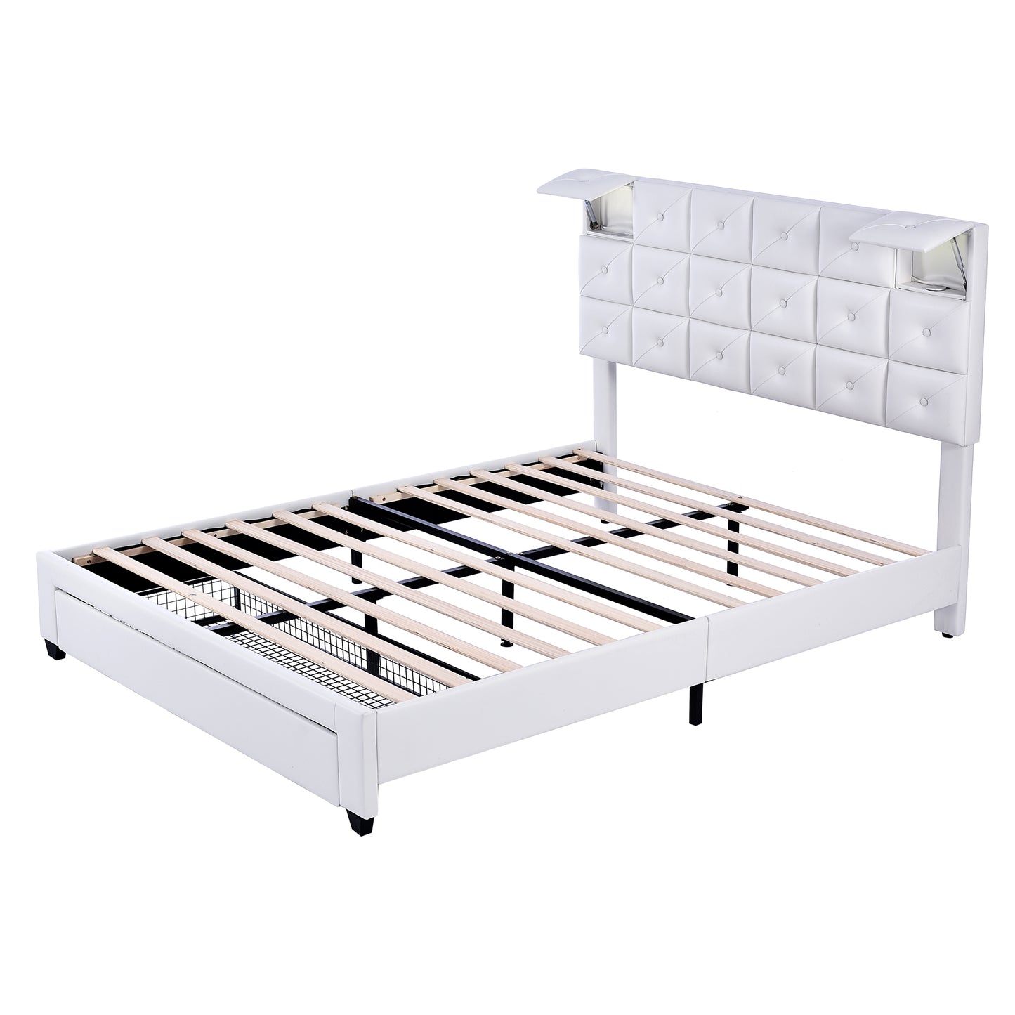 3-Pieces Bedroom Sets, Queen Size Upholstered Platform Bed with Two Wireless Chargers, Two Motion Activated Night Lights and Two Nightstands-White