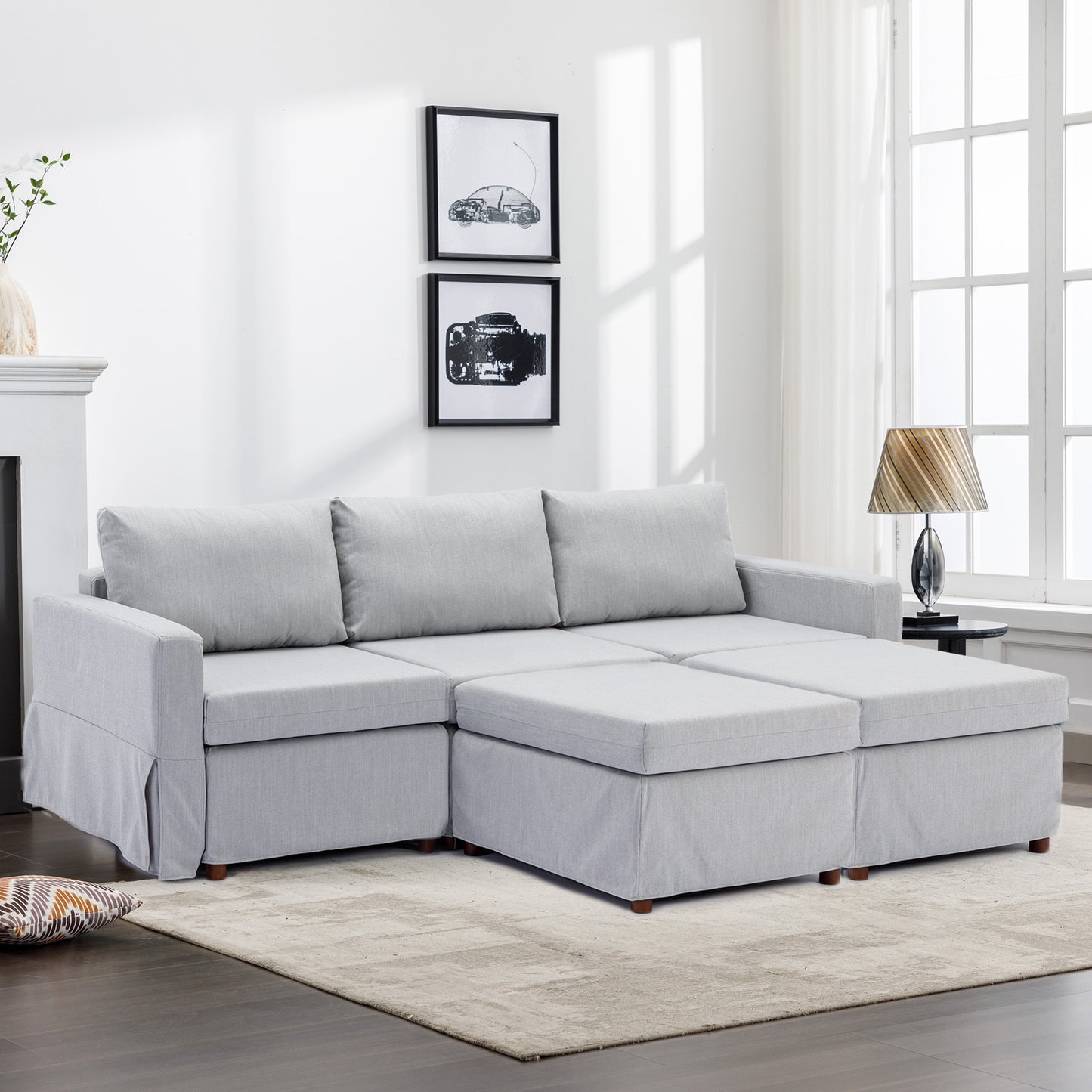 3 Seat Module Sectional Sofa Couch With 2 Ottoman,Seat Cushion and Back Cushion Removable and Washable,Light Grey