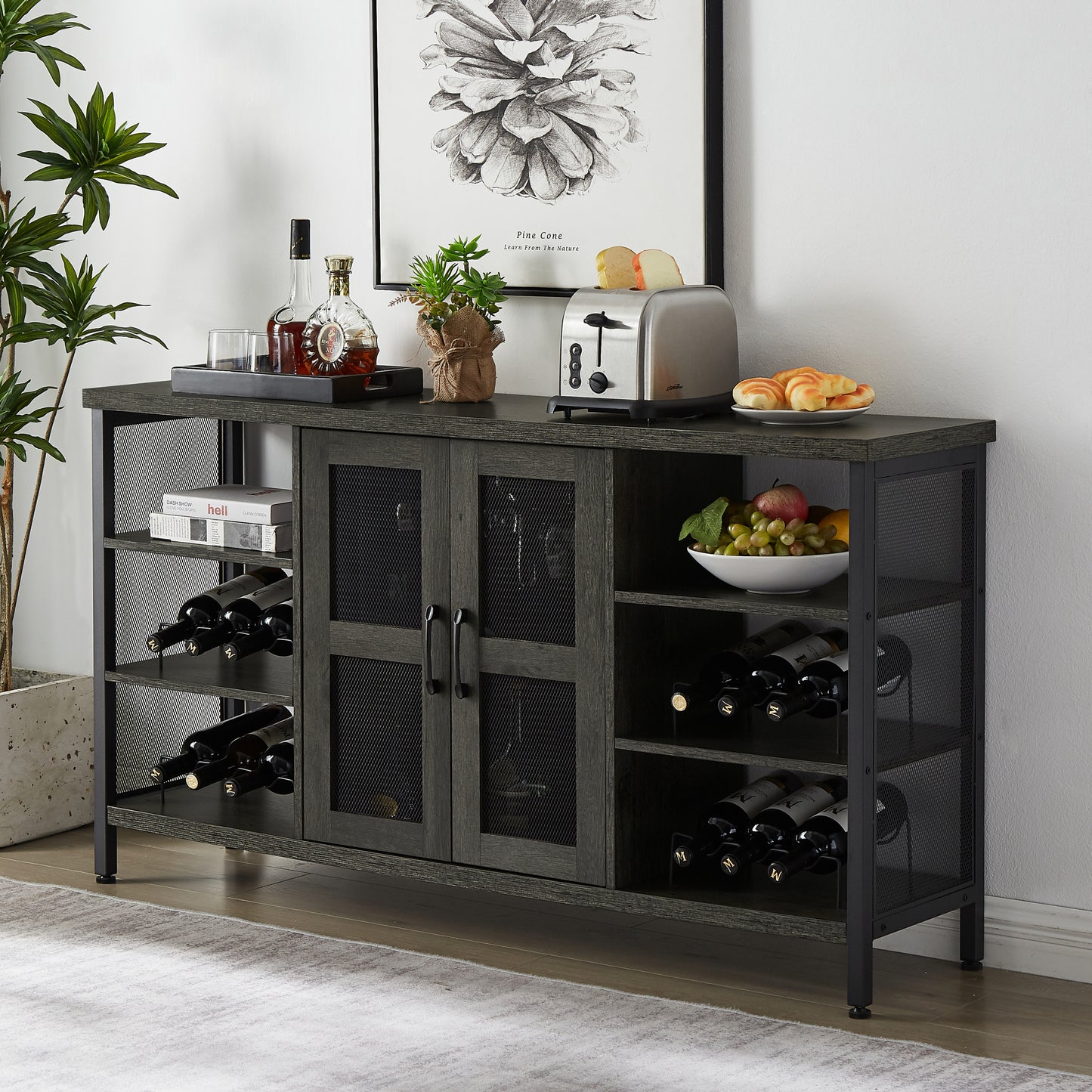 Industrial Wine Bar Cabinet, Liquor Storage Credenza, Sideboard with Wine Racks & Stemware Holder (Dark Grey, 55.12''w x 13.78''d x 30.31' ' h)