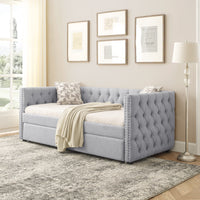 Daybed with Trundle Upholstered Tufted Sofa Bed with Button and Copper Nail on Square Arms, Twin Size, Grey (85“x42.5”x31.5“)