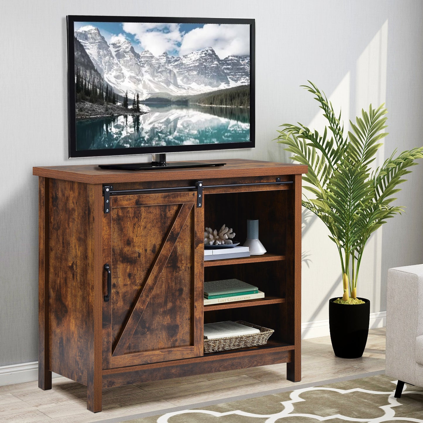 Locker&TV Stand，Barn door modern &farmhousewood entertainment center，  Console for Media,removable door panel & living room with for tvs up to 32'',BARNWOOD/BLACK