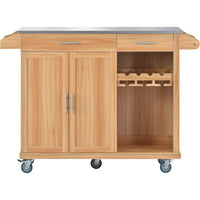 K&K Kitchen Cart with Stainless Steel Top and Storage Cabinet, Kitchen Island on Wheels with Two Drawers & Goblet Holder & Wine Rack & Spice Rack & Towel Holder, L51xW18xH37 Inches