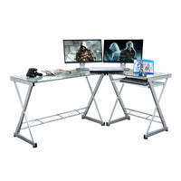 Techni Mobili L-Shaped Tempered Glass Top Computer Desk with Pull Out Keyboard Panel, Clear