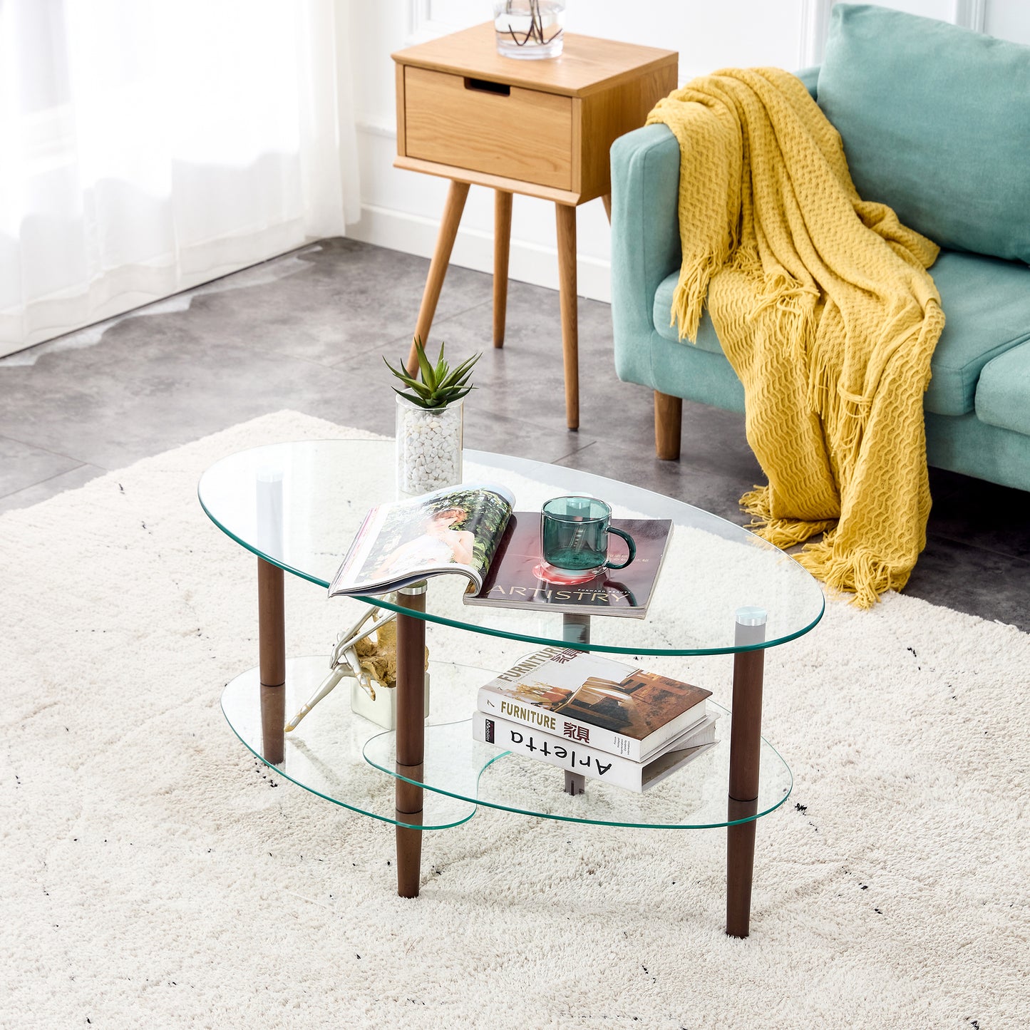 Transparent Oval Glass Coffee Table, Modern Table in Living Room Oak Wood Leg Tea Table 3-Layer Glass Table