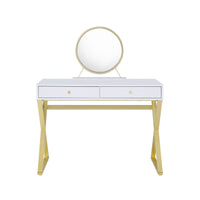 ACME Coleen Vanity Desk w/Mirror & Jewelry Tray in White & Gold Finish