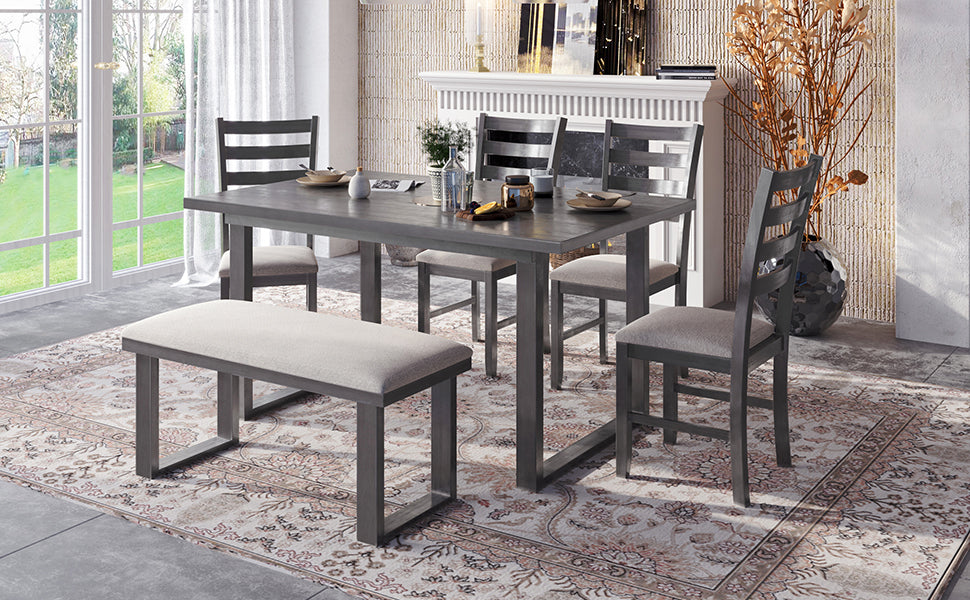 6-Pieces Family Furniture, Solid Wood Dining Room Set with Rectangular Table & 4 Chairs with Bench (Gray)