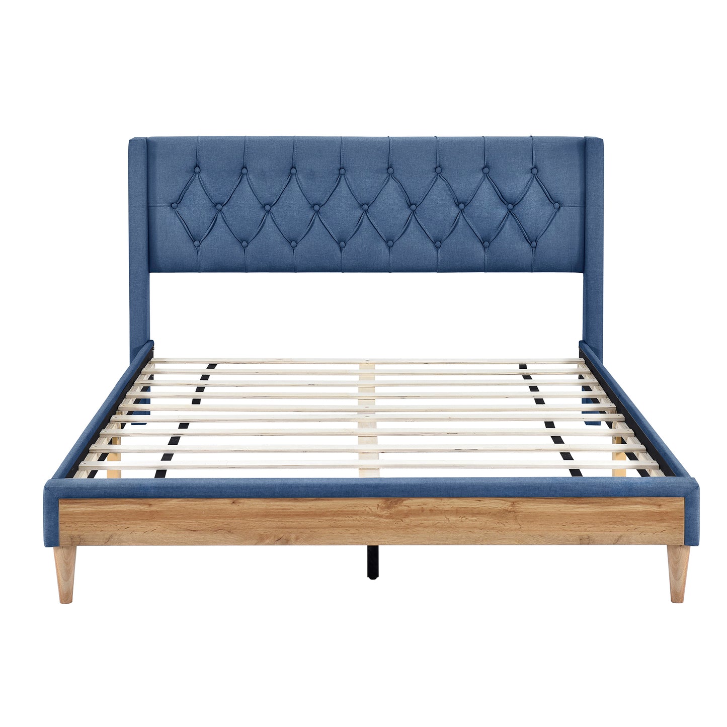 4-Pieces Bedroom Sets Queen Size Upholstered Platform Bed with Two Nightstands and Storage Bench-Blue