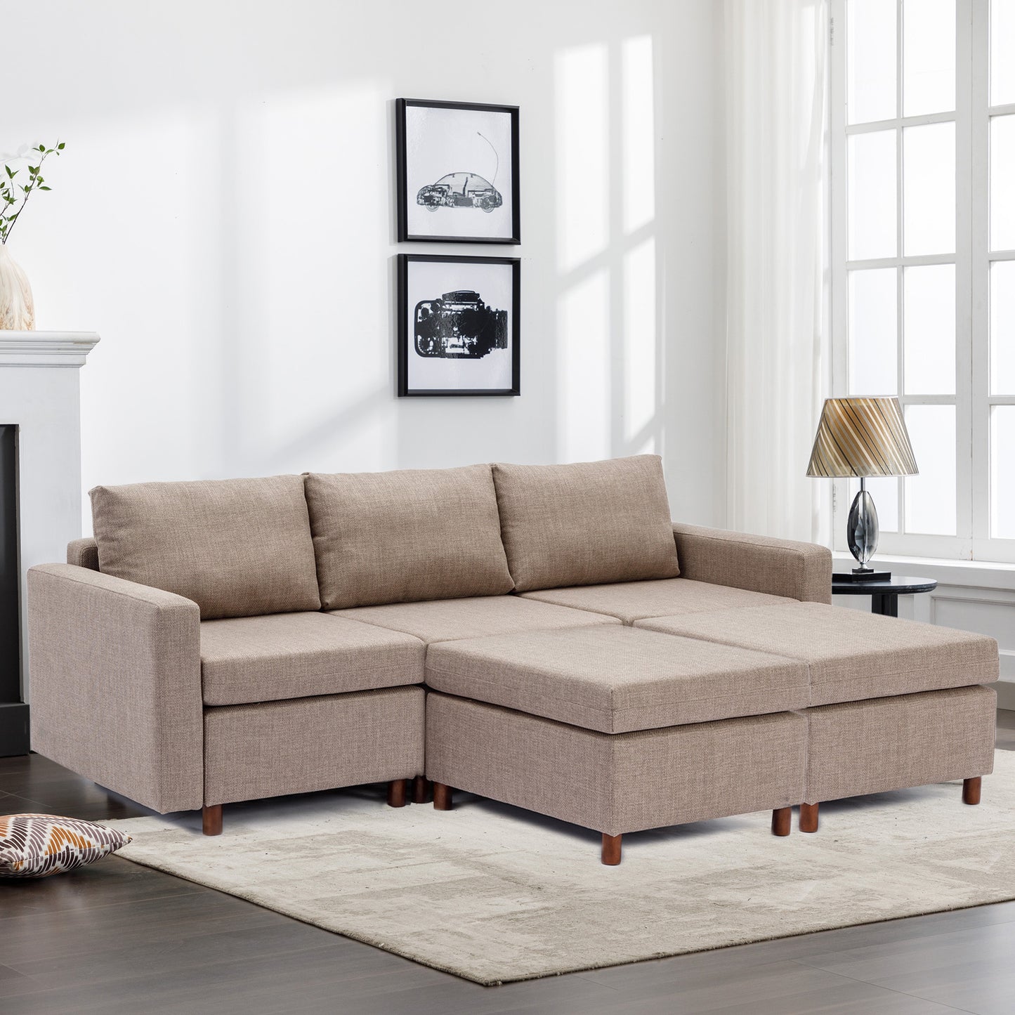 3 Seat Module Sectional Sofa Couch With 2 Ottoman for living room,Seat Cushion and Back Cushion Non-Removable and Non-Washable,Brown