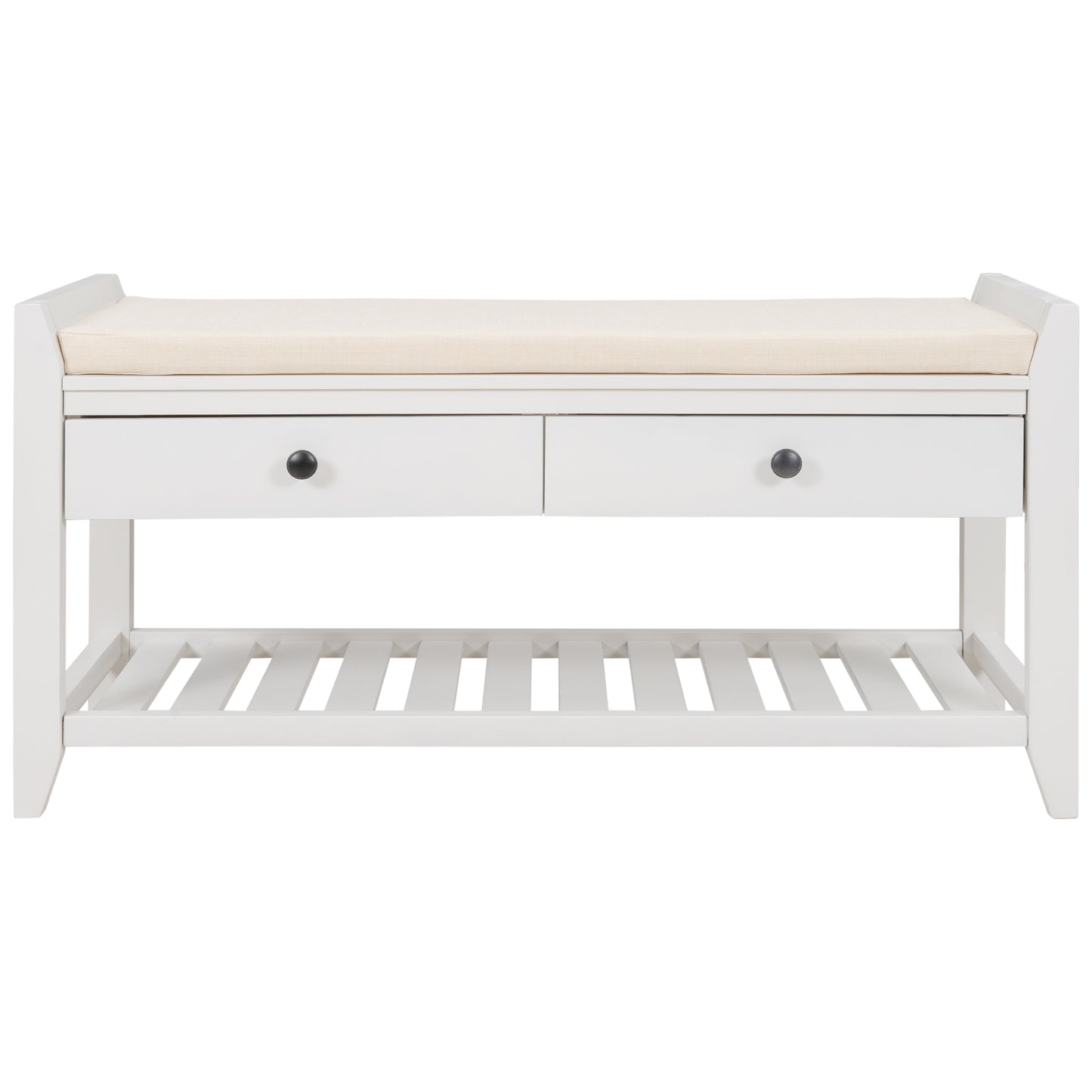 Shoe Rack with Cushioned Seat and Drawers, Multipurpose Entryway Storage Bench (White)