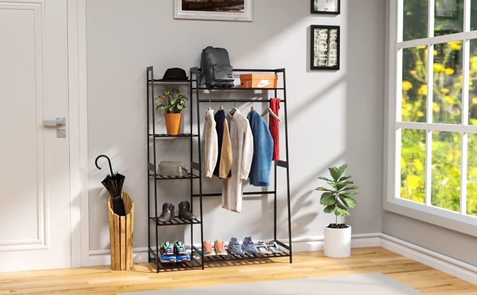 Clothes Rack with Shelves, Freestanding Closet Organizer for Living Bedroom Room Kitchen Bathroom Entryway Office Storage Shelves Clothes Hanging Rack, Black