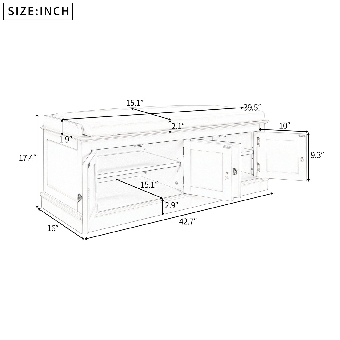 Storage Bench with 4 Doors and Adjustable Shelves, Shoe Bench with Removable Cushion for Living Room, Entryway (White)